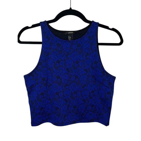 FOREVER 21 Women’s Large Crop Top Blue & Black Lace Sleeveless - Picture 1 of 5